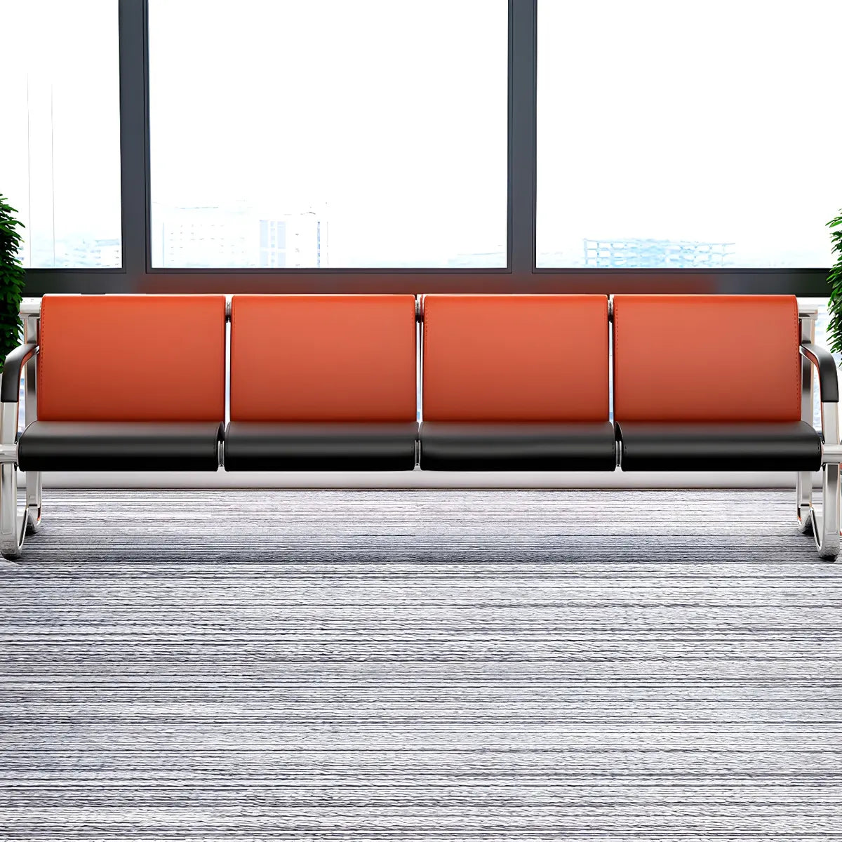 Red-Black Faux Leather Silver Frame Beam Seating Image - 6