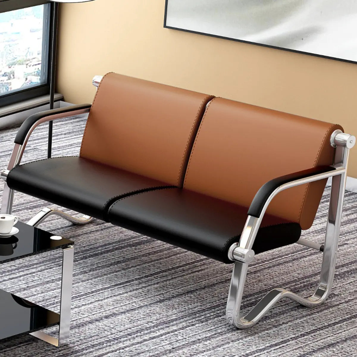 Red-Black Faux Leather Silver Frame Beam Seating Image - 7