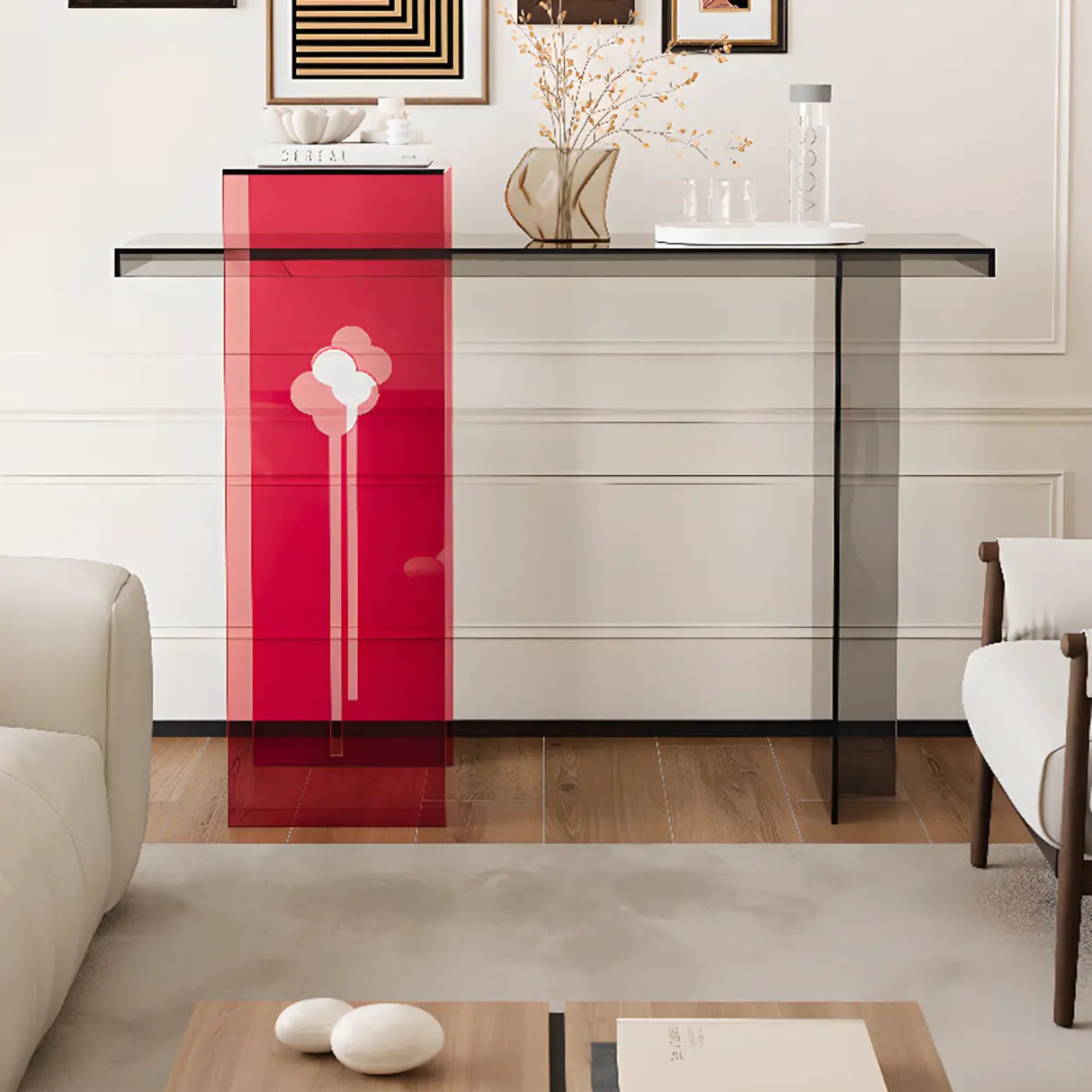 Red-Black Three Leg Rectangular Entry Console Table Image - 3