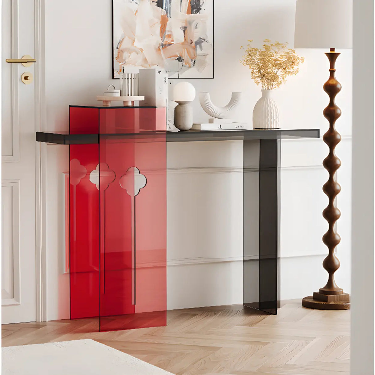 Red-Black Three Leg Rectangular Entry Console Table Image - 4