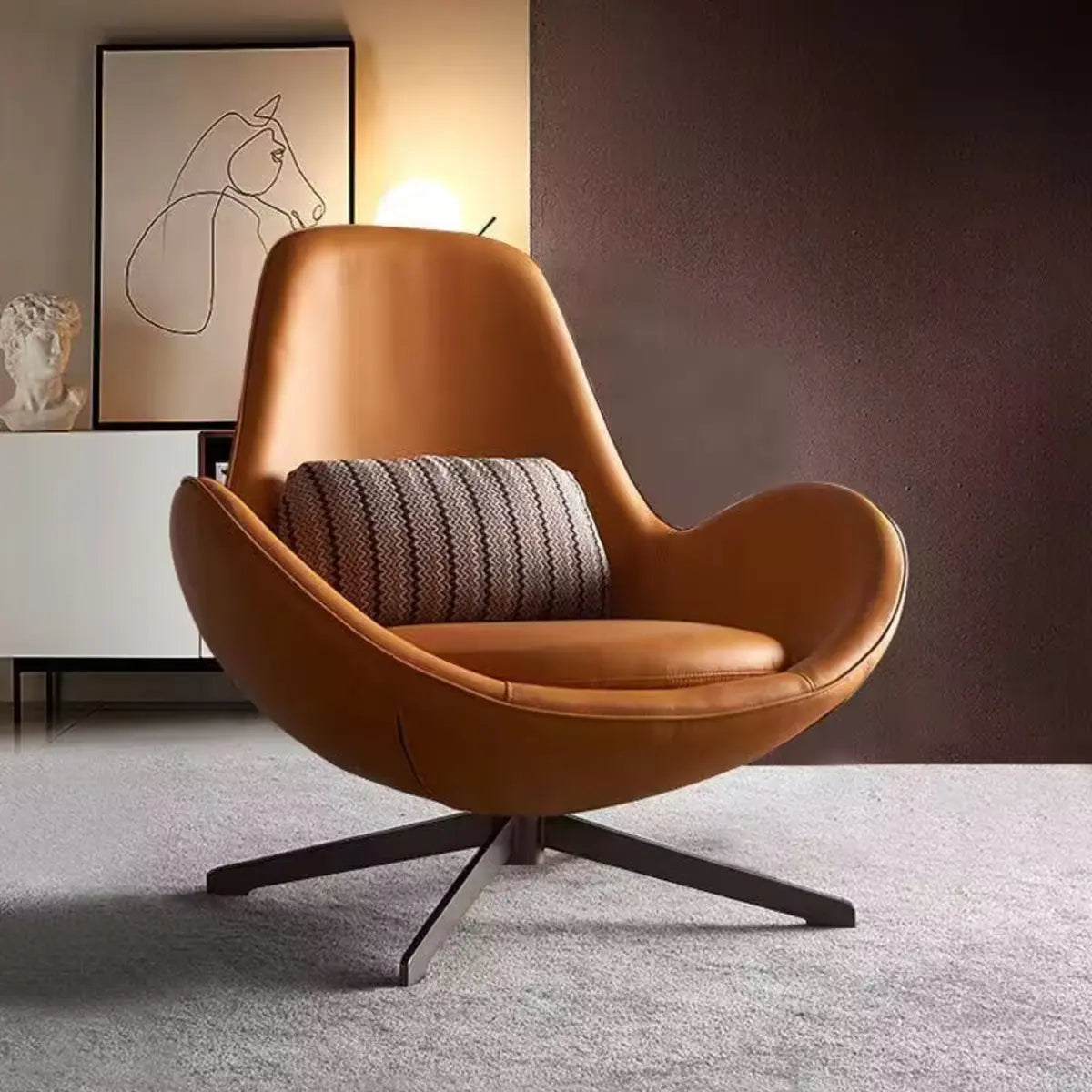 Red Brown Leather Flared Arm Stick Base Arm Chair Image - 1