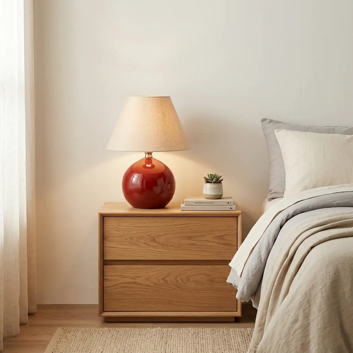 Red Red Ceramic Table Lamp with Beige Fabric Drum Shade Image - 1