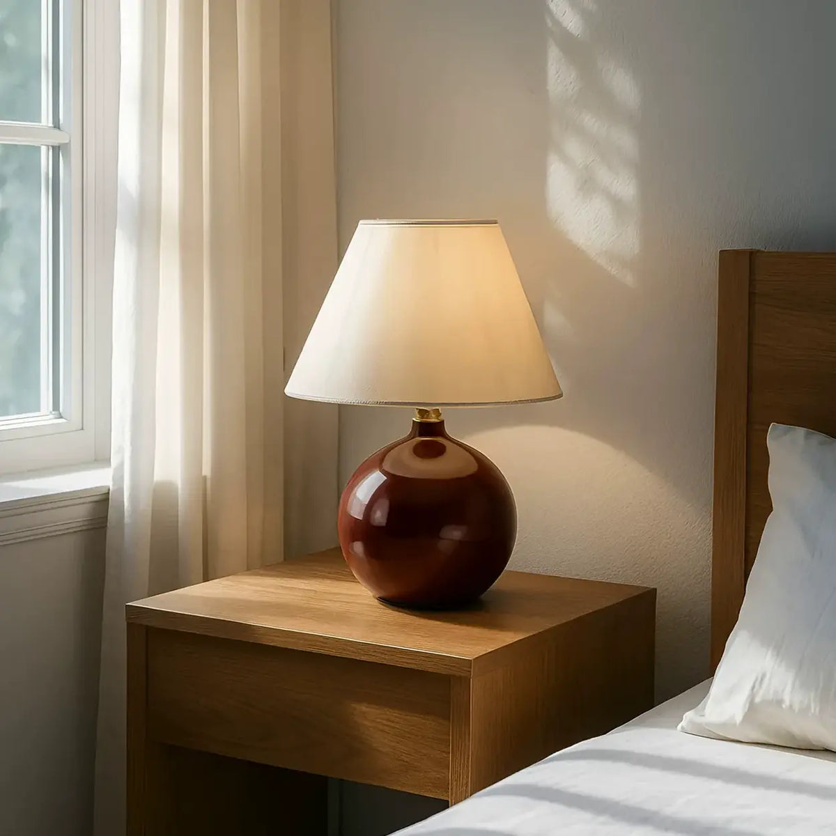 Red Ceramic Table Lamp with Beige Fabric Drum Shade Image - 2