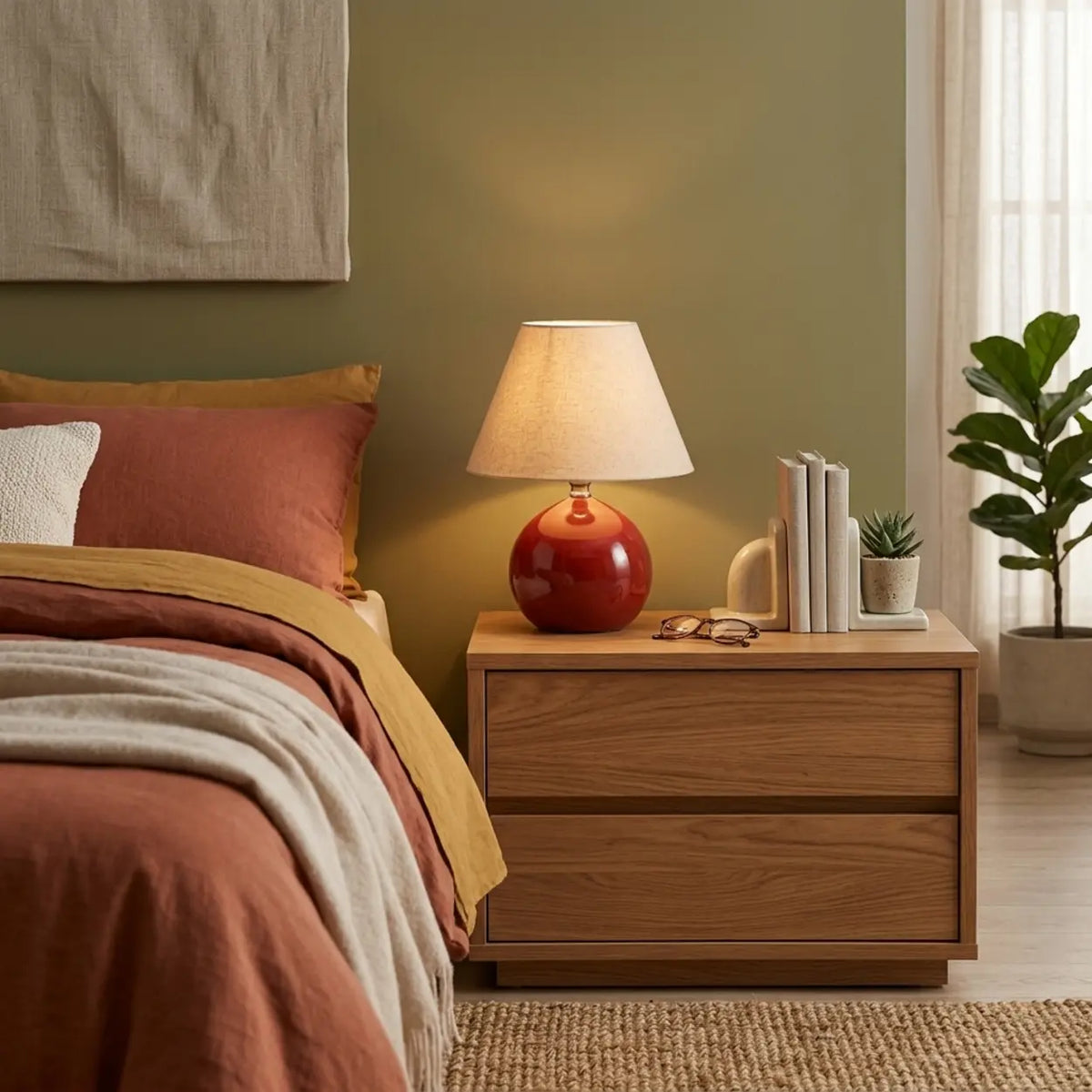 Red Ceramic Table Lamp with Beige Fabric Drum Shade Image - 4