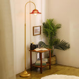 Red Glass Flower Shade Vintage Brass Floor Lamp Image - 1