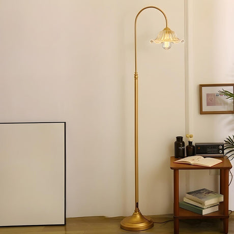 Red Glass Flower Shade Vintage Brass Floor Lamp Image - 2