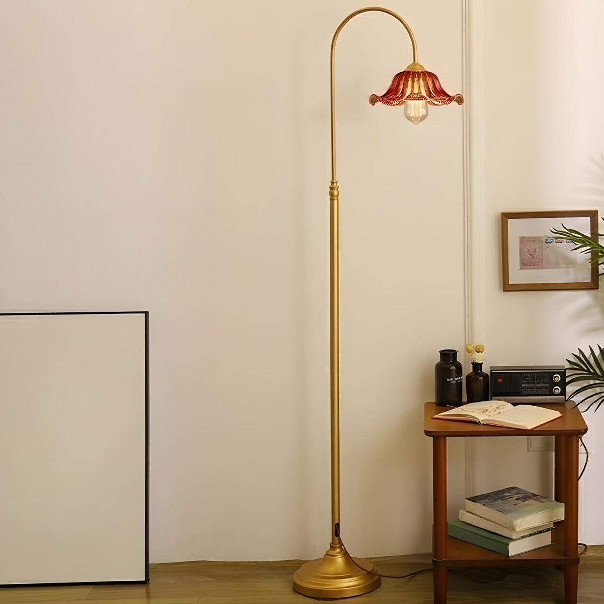 Red Glass Flower Shade Vintage Brass Floor Lamp Image - 3