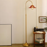 Red Glass Flower Shade Vintage Brass Floor Lamp Image - 3