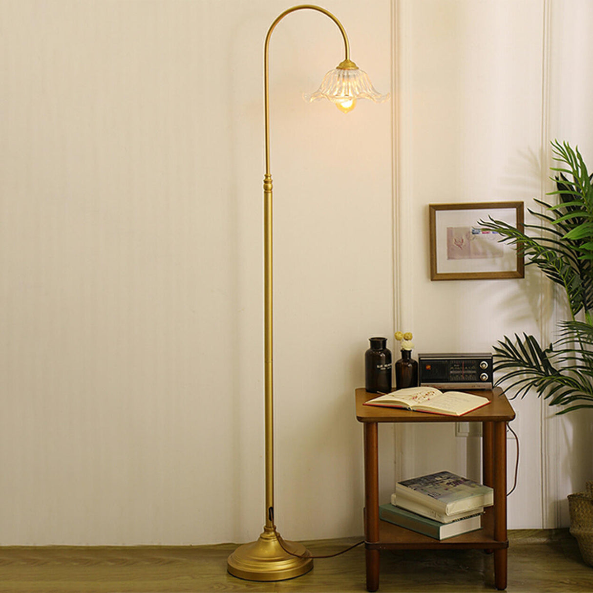 Red Glass Flower Shade Vintage Brass Floor Lamp Image - 4