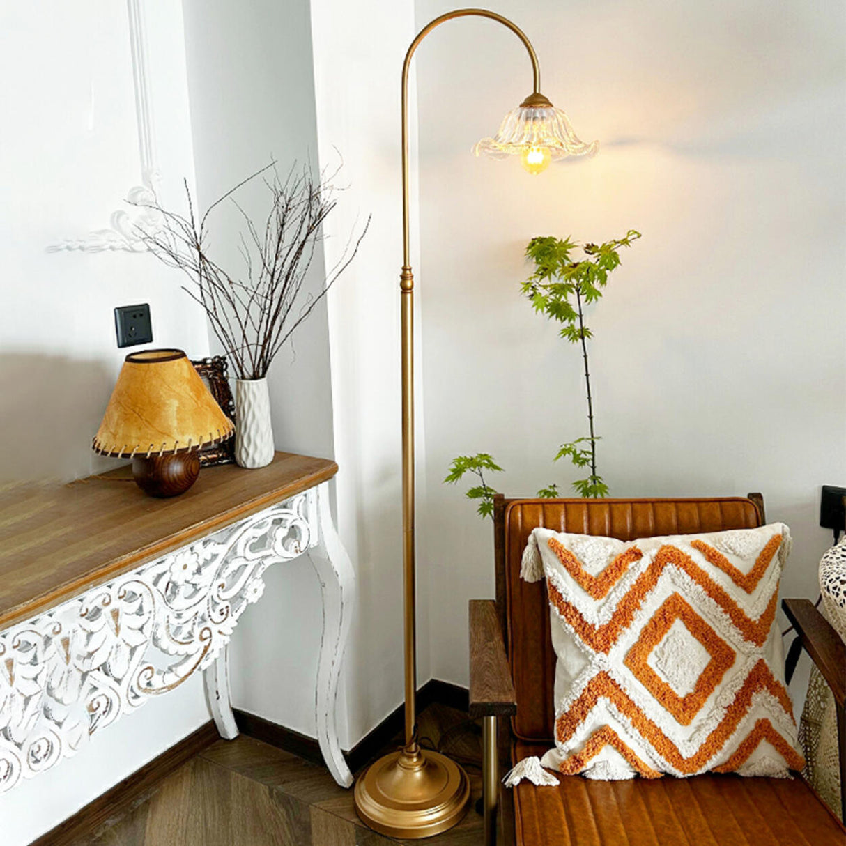 Red Glass Flower Shade Vintage Brass Floor Lamp Image - 5