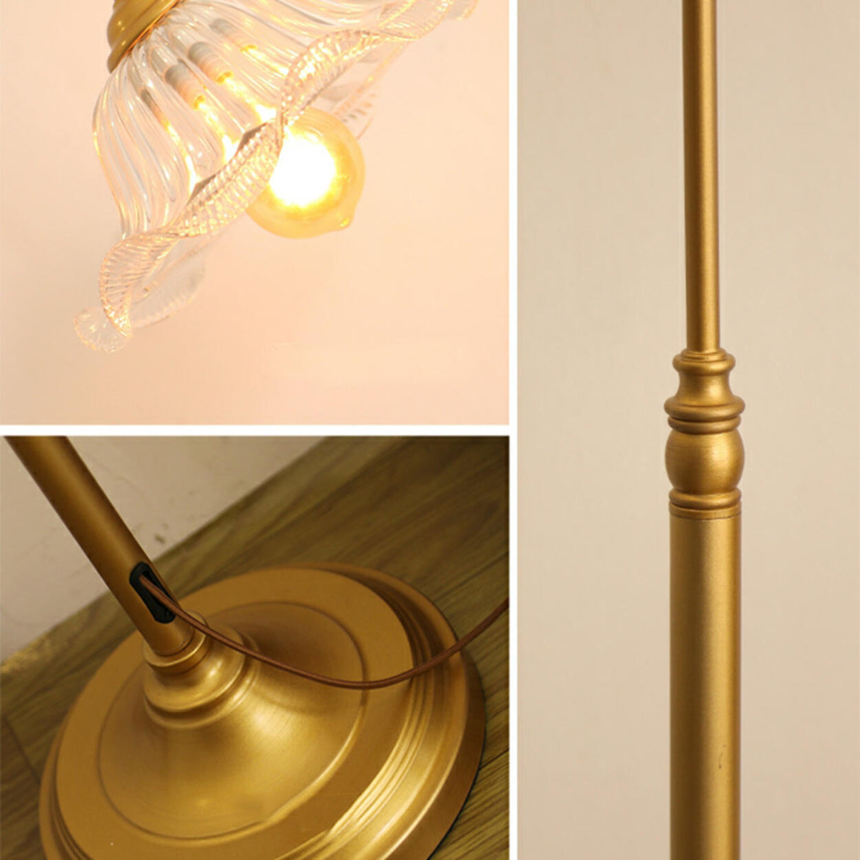 Red Glass Flower Shade Vintage Brass Floor Lamp Image - 9