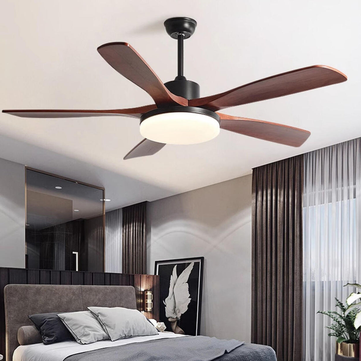 Remote Modern Simple 5 Wood Blades Ceiling Fan Light Image - 3