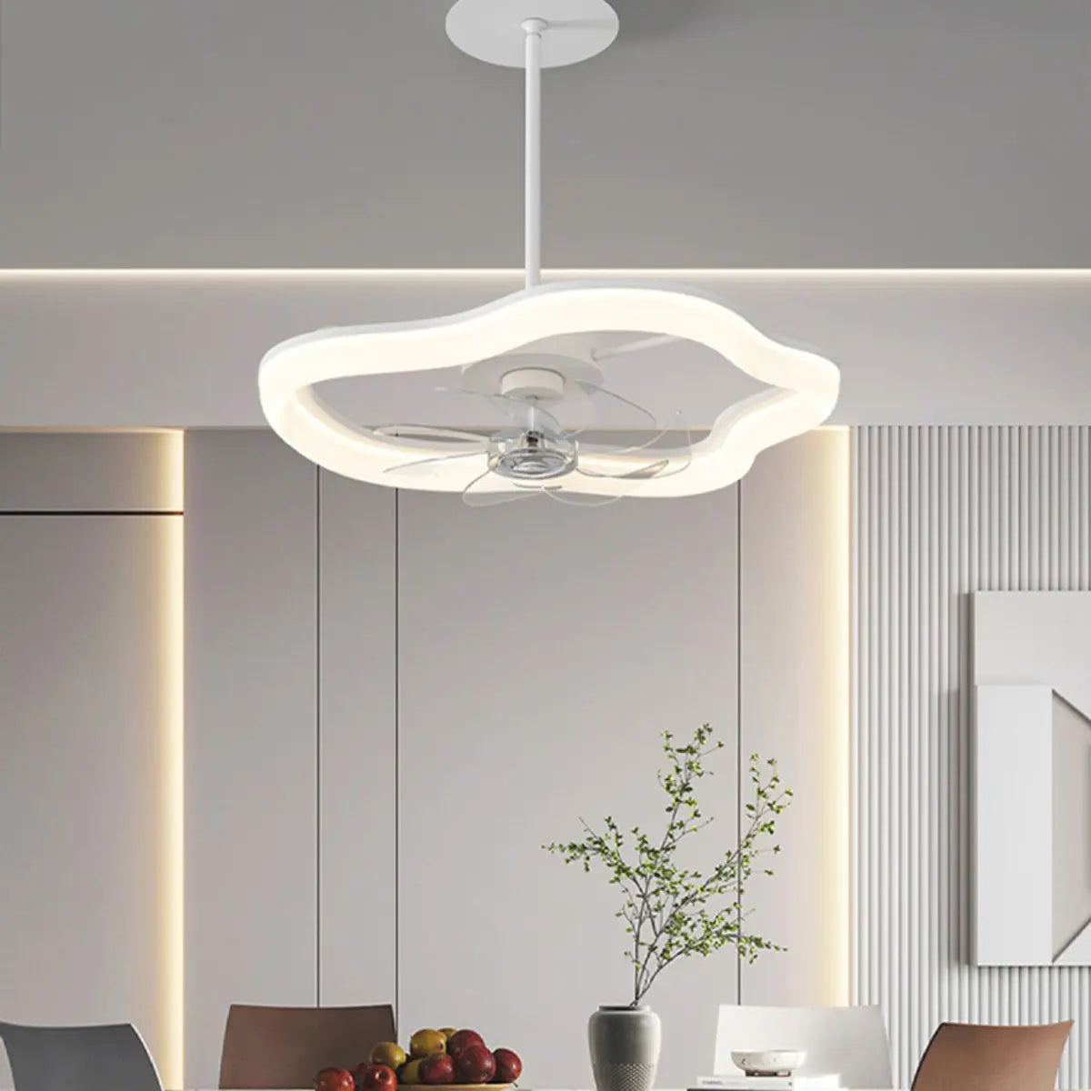Remote Simple White Ring Pendant Fan with LED Light Image - 2