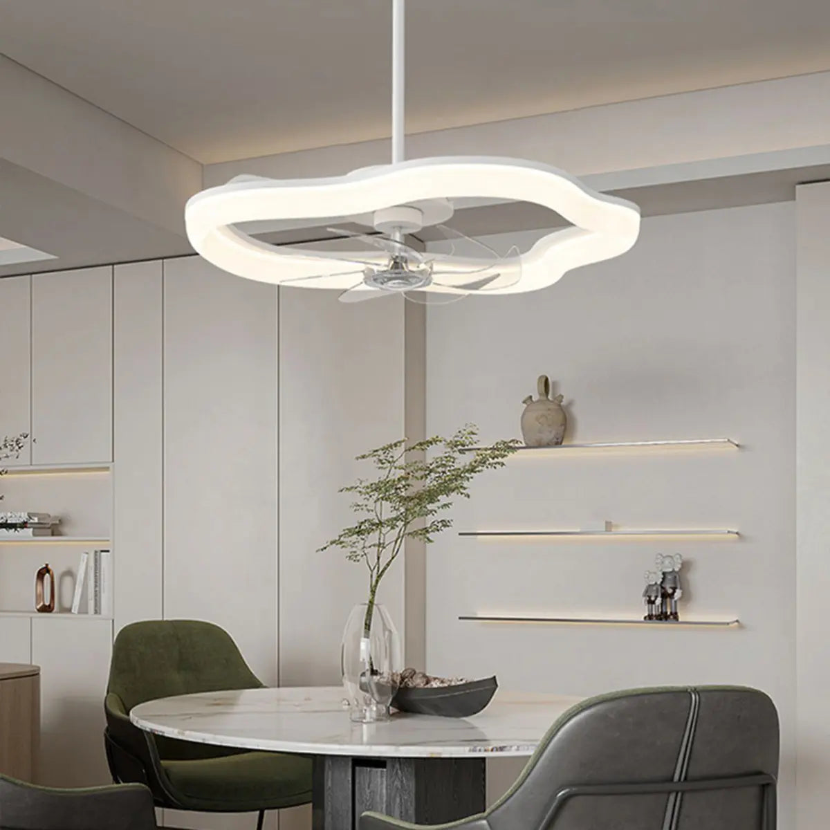 Remote Simple White Ring Pendant Fan with LED Light Image - 3
