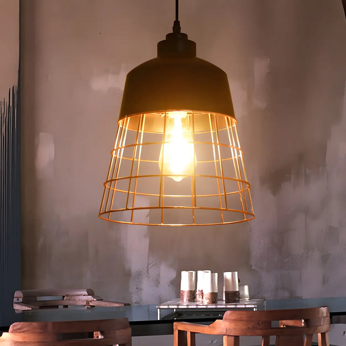 Restaurant Industrial Metal Cage Black Pendant Light Image - 2