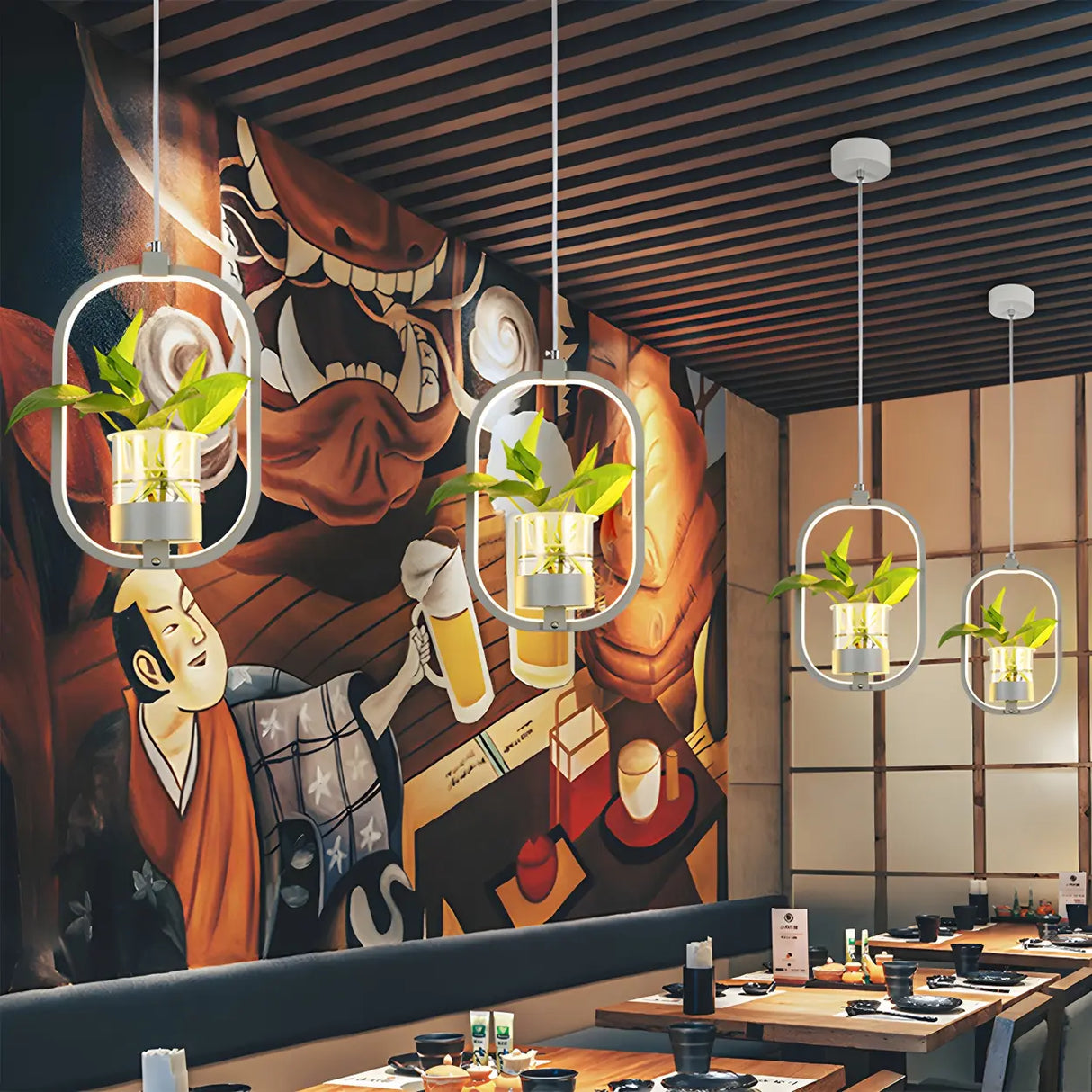 Restaurant Natural Plant Holder Swag LED Pendant Light Image - 1