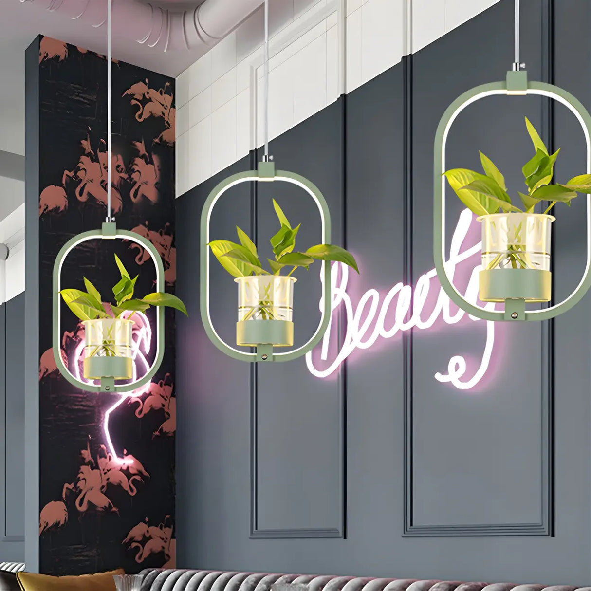 Restaurant Natural Plant Holder Swag LED Pendant Light Image - 7