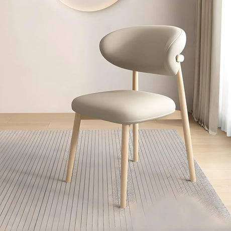 Light Khaki Natural Wood Restaurant Stable Curved Back Faux Leather Dining Chair Image - 2