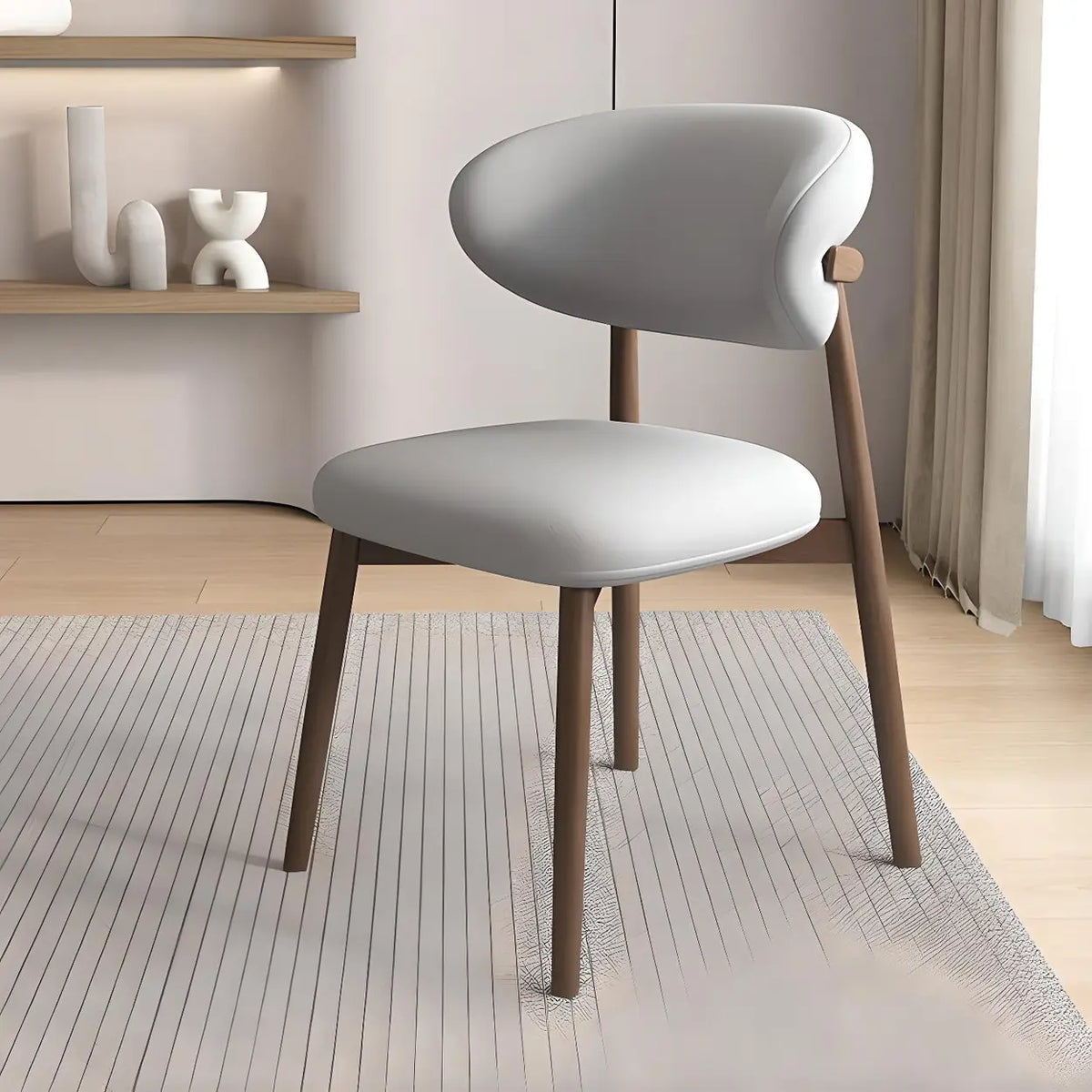 Light Gray Walnut Restaurant Stable Curved Back Faux Leather Dining Chair Image - 7