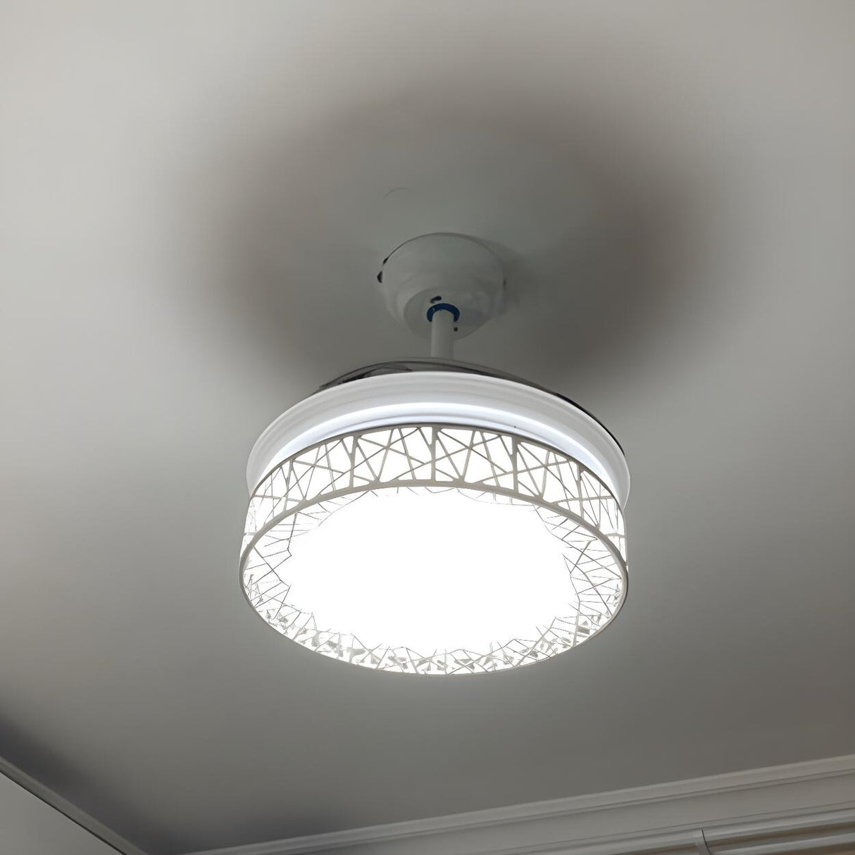 Retractable Blade White Round Ceiling Fan with Light Image - 7