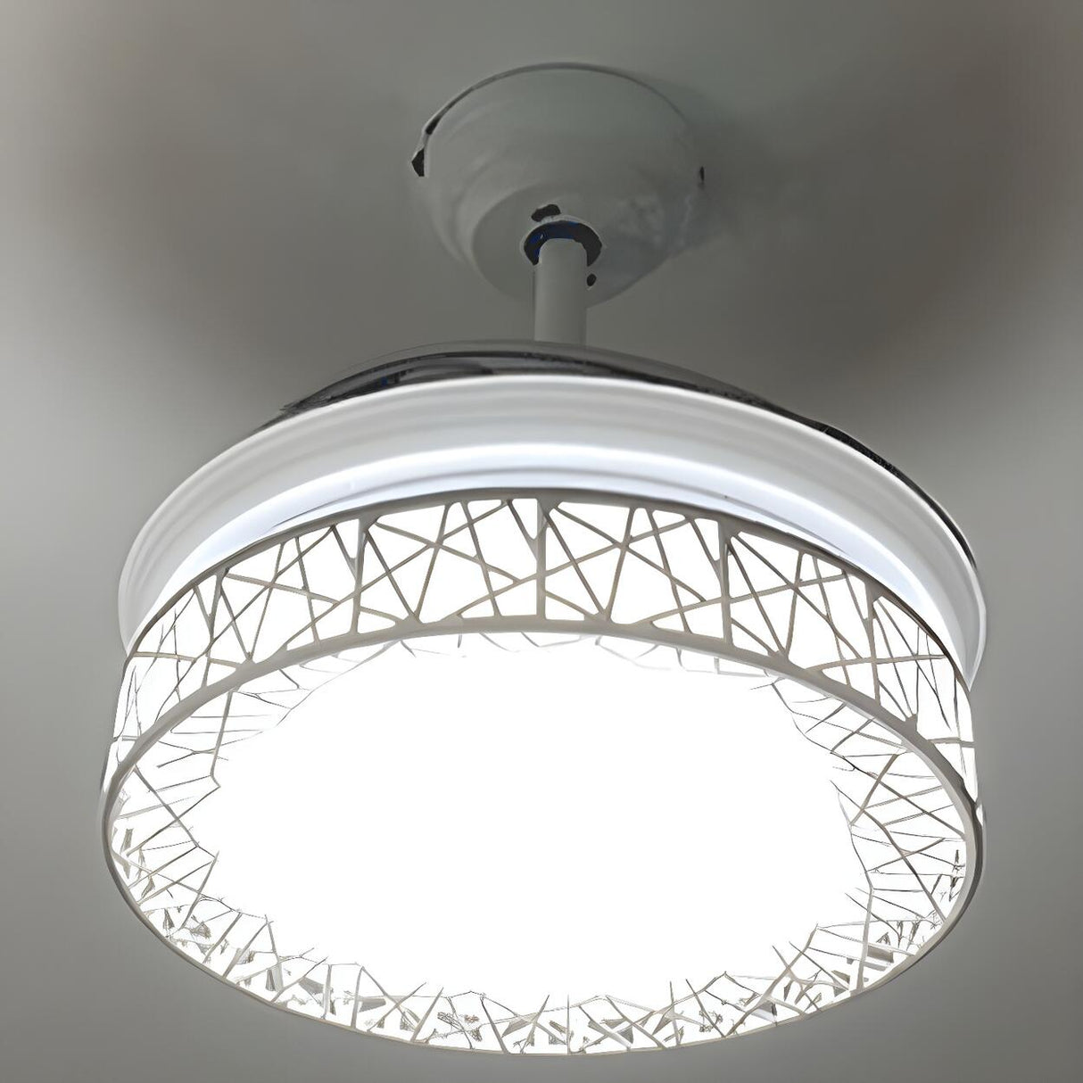 Retractable Blade White Round Ceiling Fan with Light Image - 8