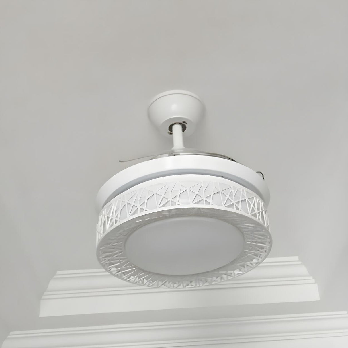 Retractable Blade White Round Ceiling Fan with Light Image - 9