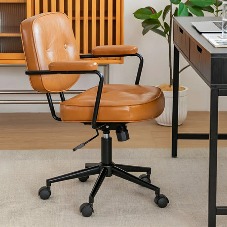 Retro Brown Tilt Mid-Back Leather Office Chair with Wheels Image - 1