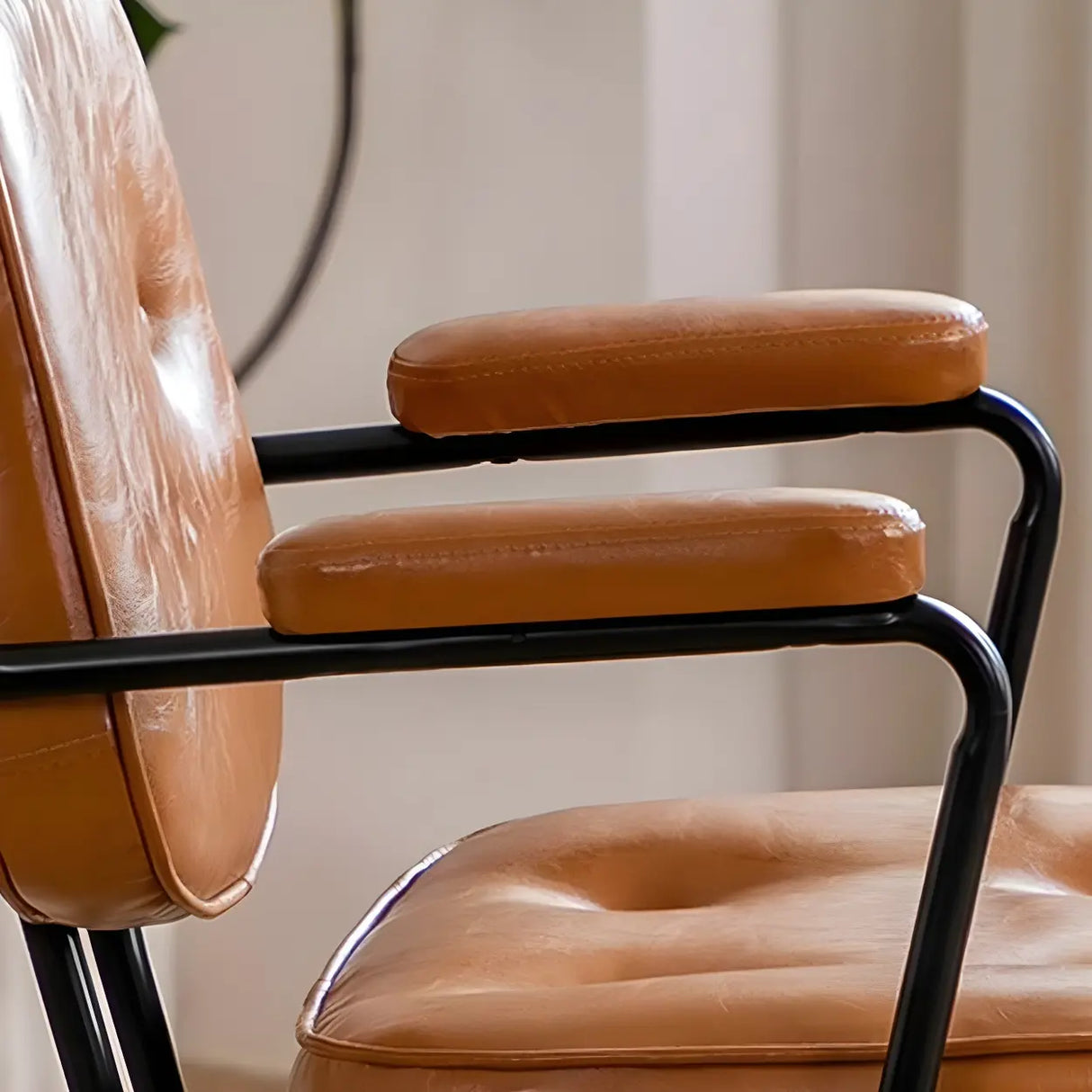 Retro Brown Tilt Mid-Back Leather Office Chair with Wheels Image - 12