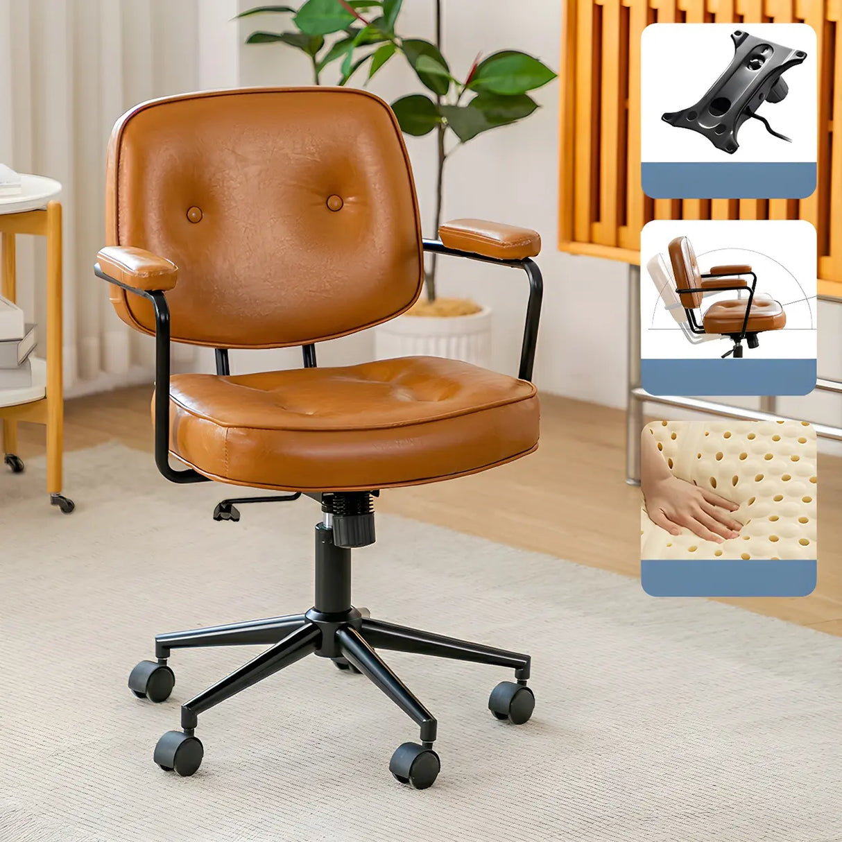 Retro Brown Tilt Mid-Back Leather Office Chair with Wheels Image - 13