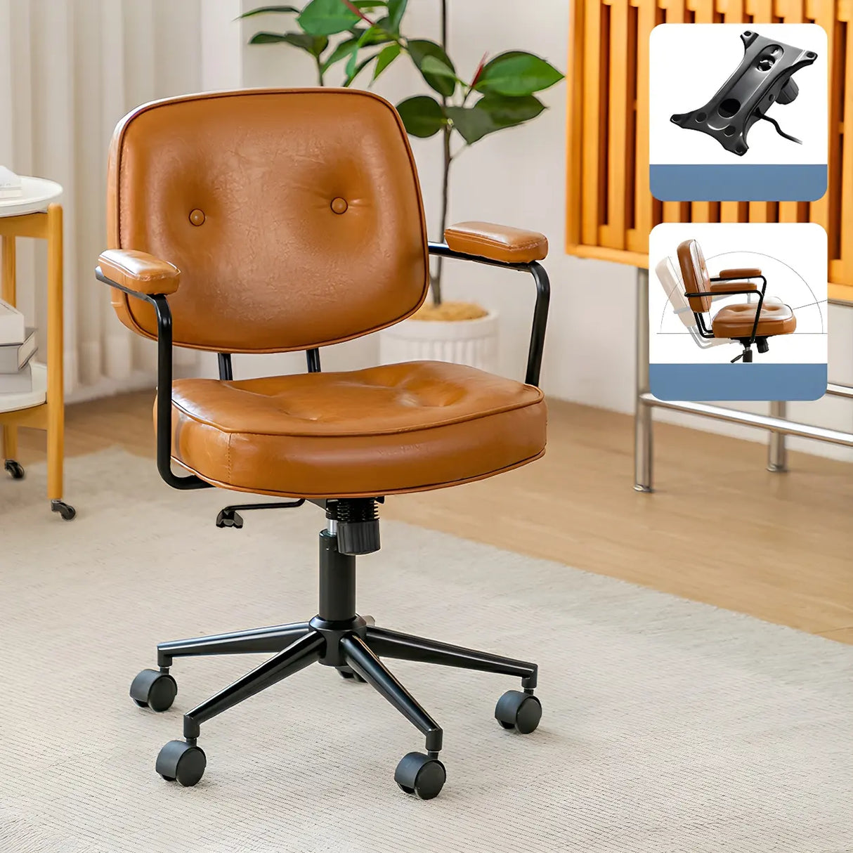 Retro Brown Tilt Mid-Back Leather Office Chair with Wheels Image - 15