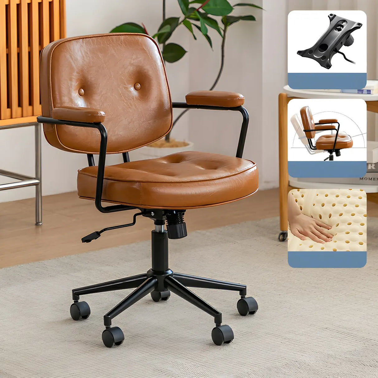 Retro Brown Tilt Mid-Back Leather Office Chair with Wheels Image - 9