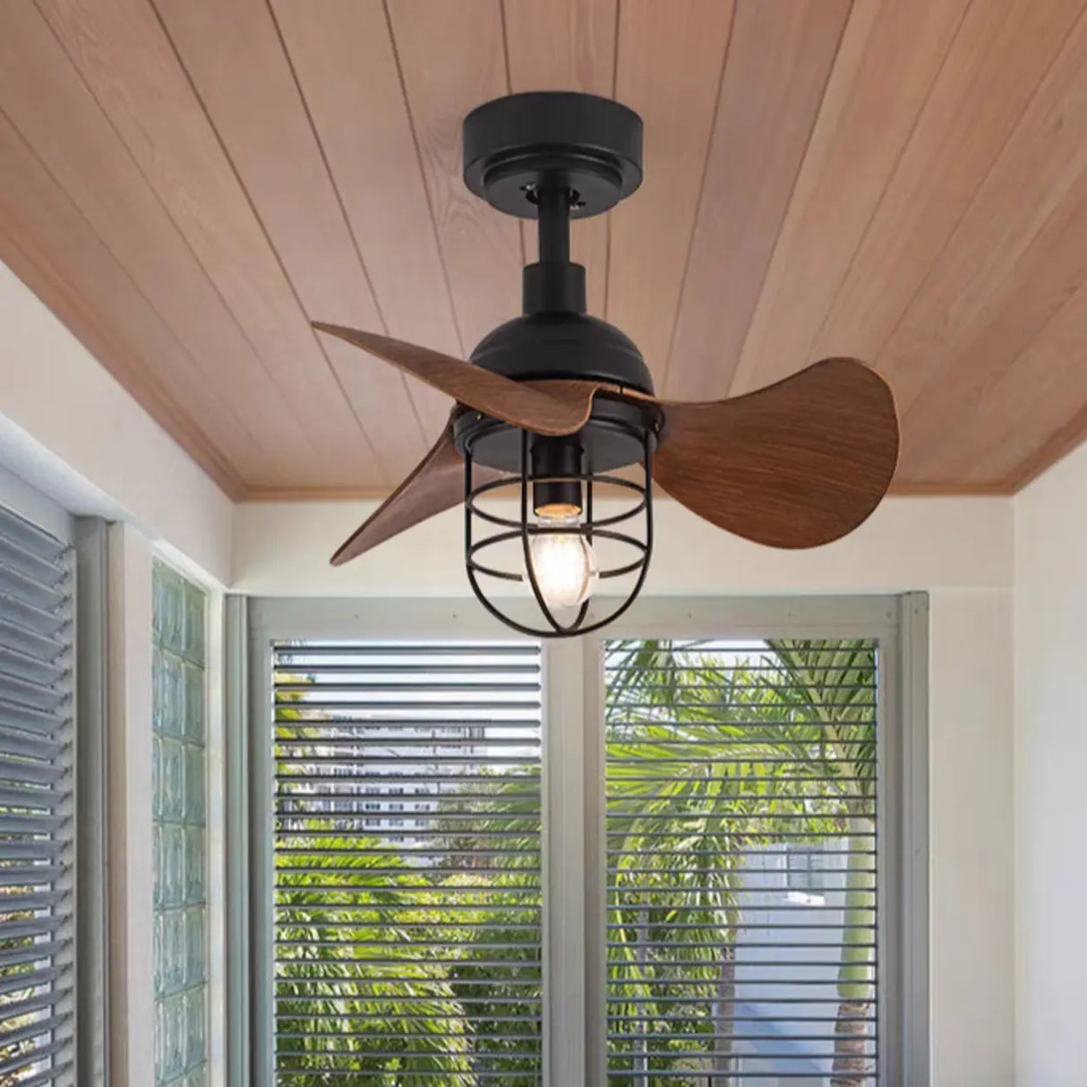 Retro Industrial 3-Blade Cage Ceiling Fan with Light Image - 1