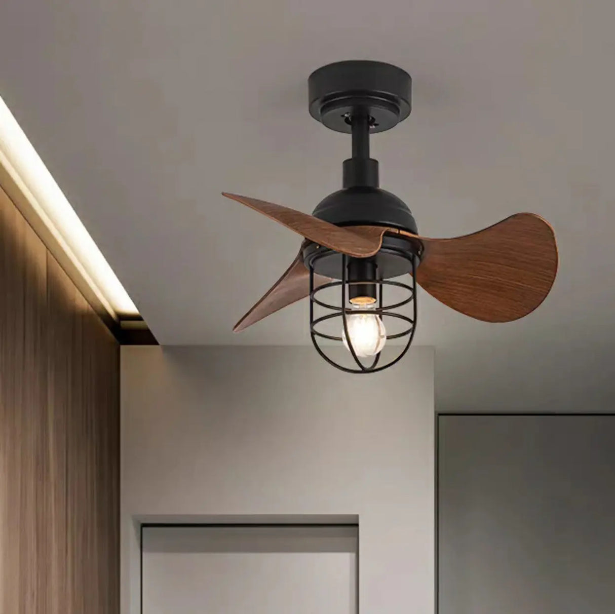 Retro Industrial 3-Blade Cage Ceiling Fan with Light Image - 4