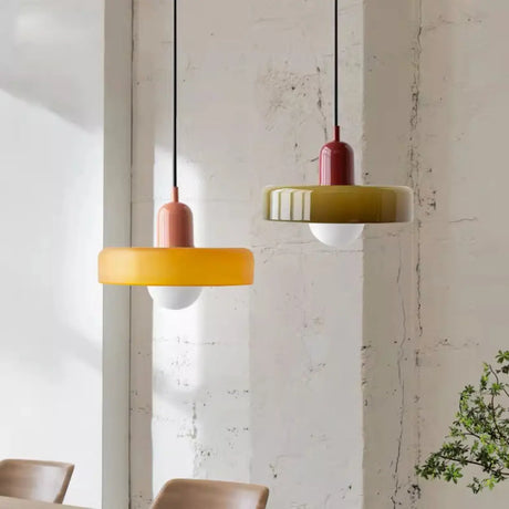 Retro Olive Green and Red Disc Round Bedroom Pendant Light Image - 1