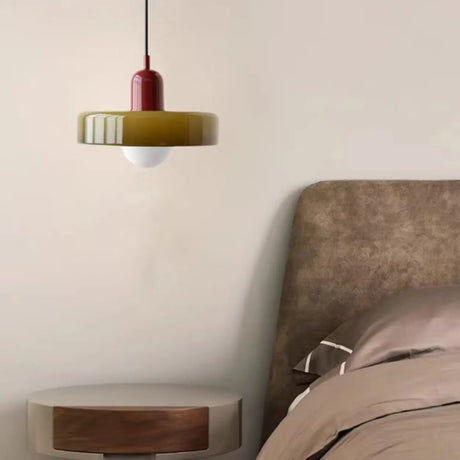 Retro Olive Green and Red Disc Round Bedroom Pendant Light Image - 3