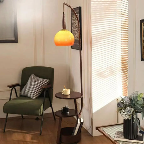 Retro Orange Glass Globe Arc Floor Lamp with Shelf Storage Image - 1