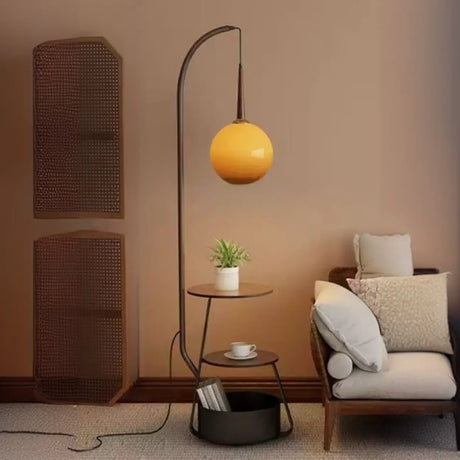 Retro Orange Glass Globe Arc Floor Lamp with Shelf Storage Image - 2