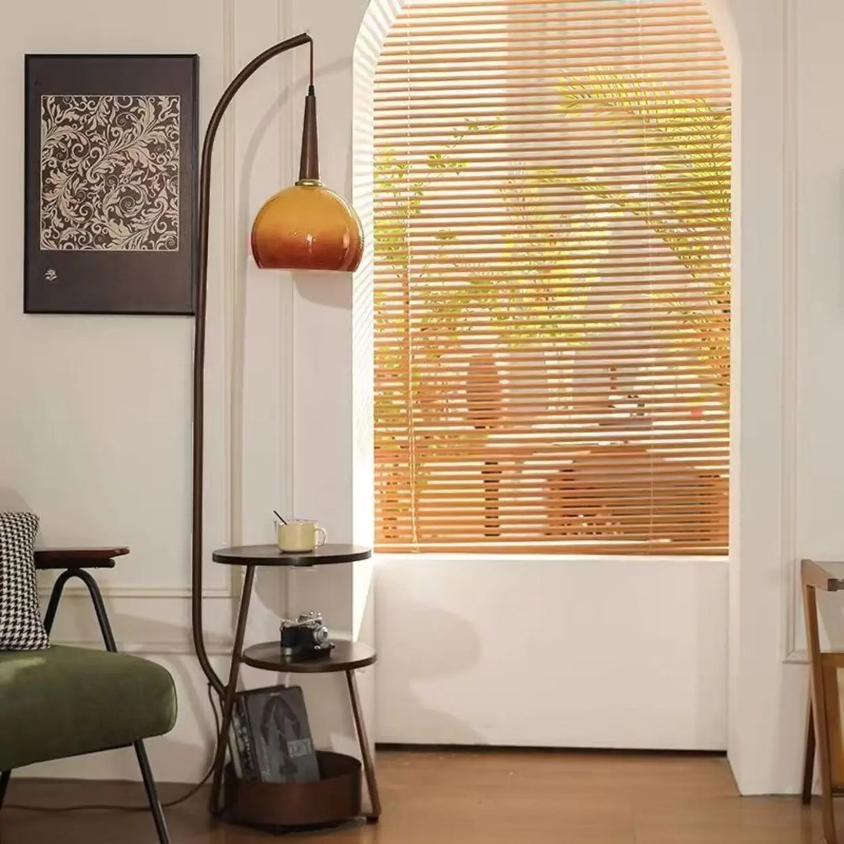 Retro Orange Glass Globe Arc Floor Lamp with Shelf Storage Image - 4