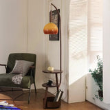 Retro Orange Glass Globe Arc Floor Lamp with Shelf Storage Image - 5
