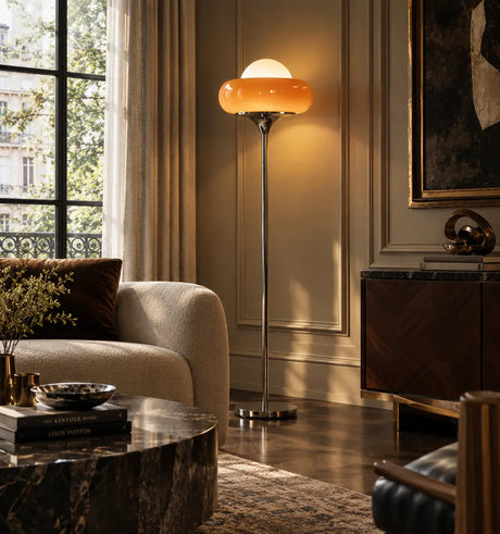 Retro Yellow Egg Tart Glass and Metal LED Floor Lamp Image - 1