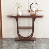 Rich Brown Demilune Wood U-Shaped Console Table with Shelf Image - 3