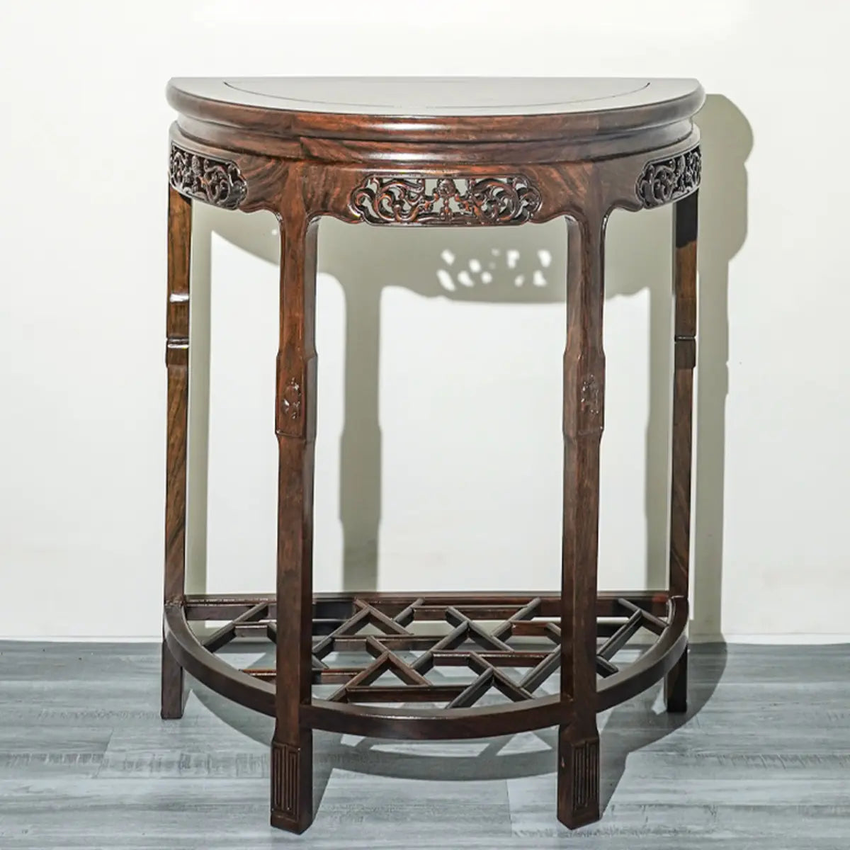 Rich Brown Ornate Half Moon Wood Console Table with Shelf Image - 1