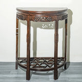 Rich Brown Ornate Half Moon Wood Console Table with Shelf Image - 1