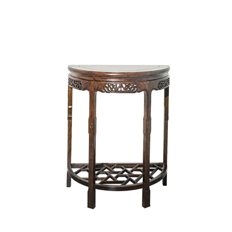Rich Brown Ornate Half Moon Wood Console Table with Shelf Image - 2