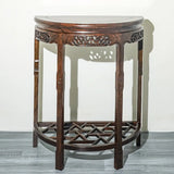 Rich Brown Ornate Half Moon Wood Console Table with Shelf Image - 1