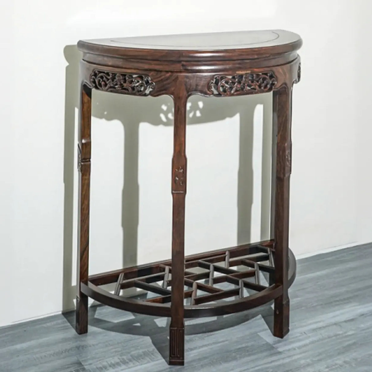 Rich Brown Ornate Half Moon Wood Console Table with Shelf Image - 3