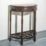 Rich Brown Ornate Half Moon Wood Console Table with Shelf Image - 3