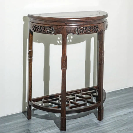 Rich Brown Ornate Half Moon Wood Console Table with Shelf Image - 3