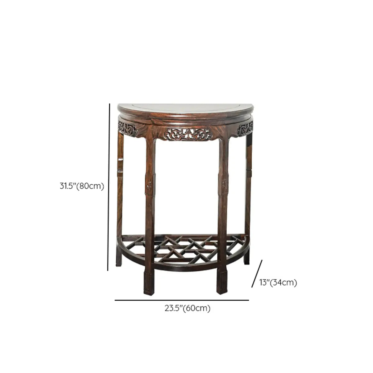 Rich Brown Ornate Half Moon Wood Console Table with Shelf 