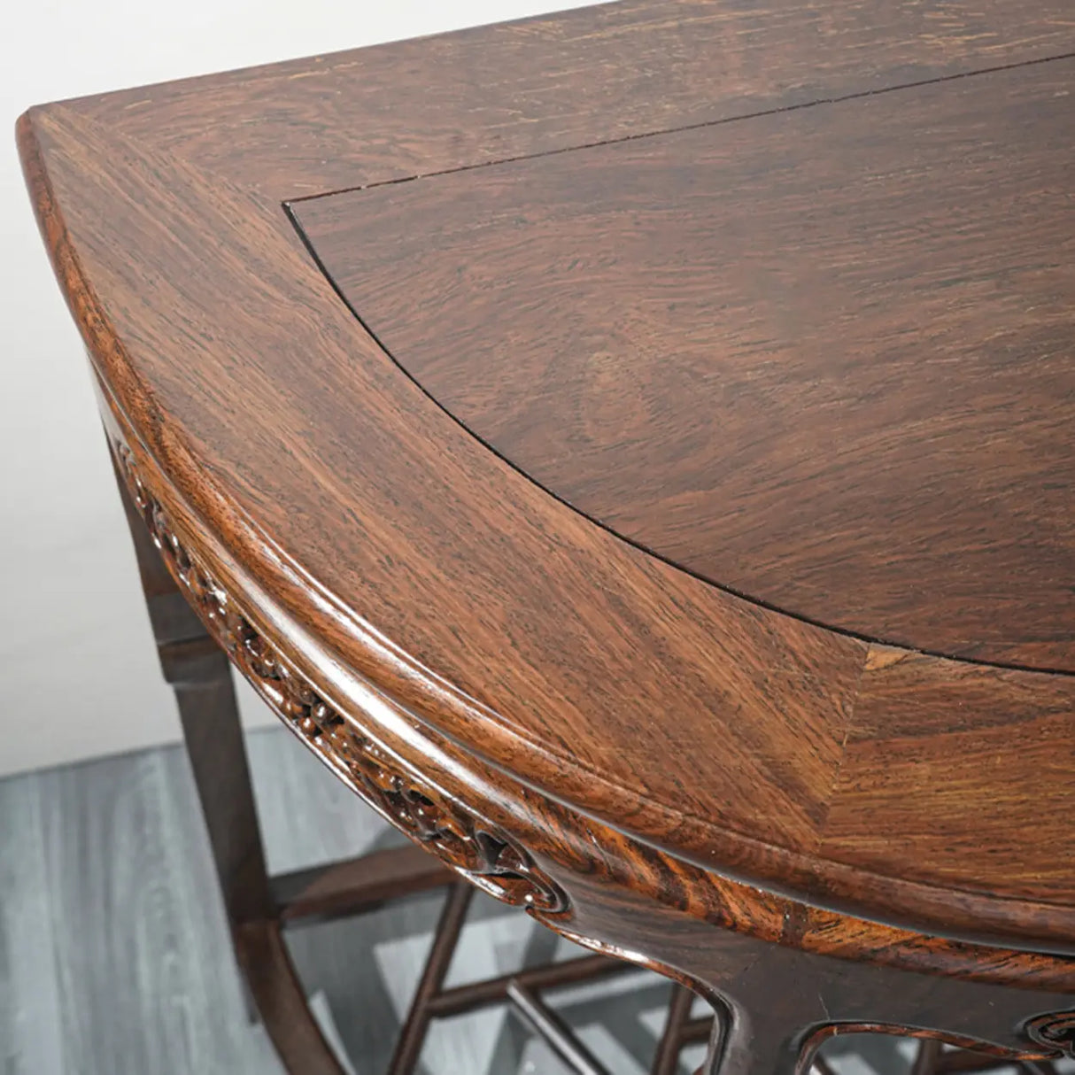 Rich Brown Ornate Half Moon Wood Console Table with Shelf Image - 4